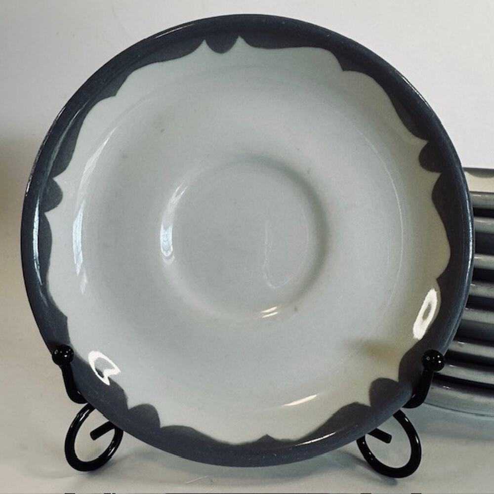 Buffalo China Restaurant Ware, R-9, Saucer Set of 9, White/Gray USA VTG